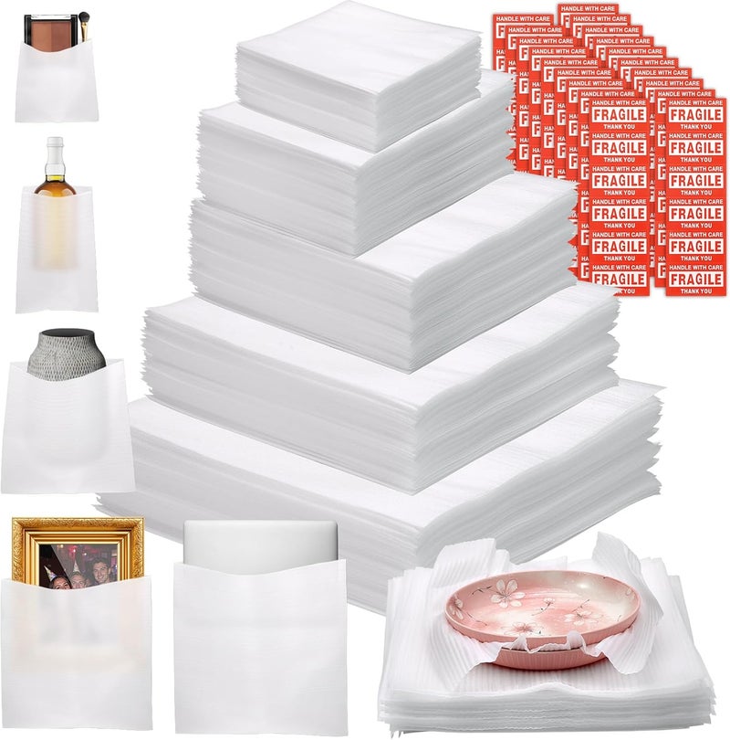 VIOBEPASS 302 Pcs Packing Moving Foam Pouches & Sheets, 5 Sizes Cushion Foam Wrap Pouches with Fragile Stickers for Protect Dishes Cup Glasses Storage Supplies (7.8X7.8", 7.8X12", 12X12", 14X14", 16X16") - Image 1